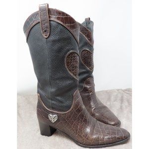 Brighton Toby Western Boots Croc Embossed Heart Inset Heeled Black Brown 8.5 M